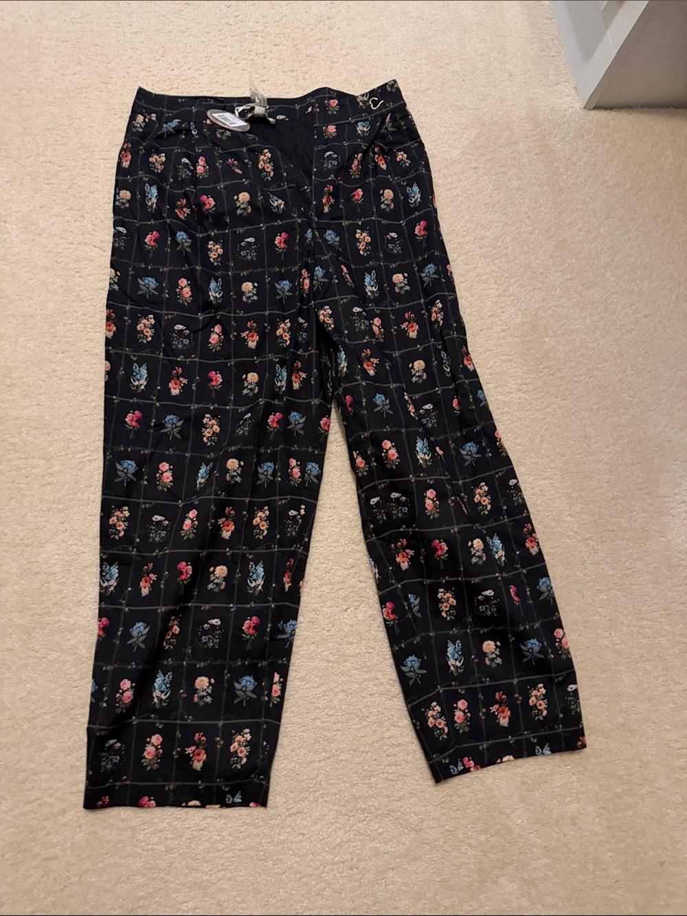 Women's Black Floral Grid Trousers
